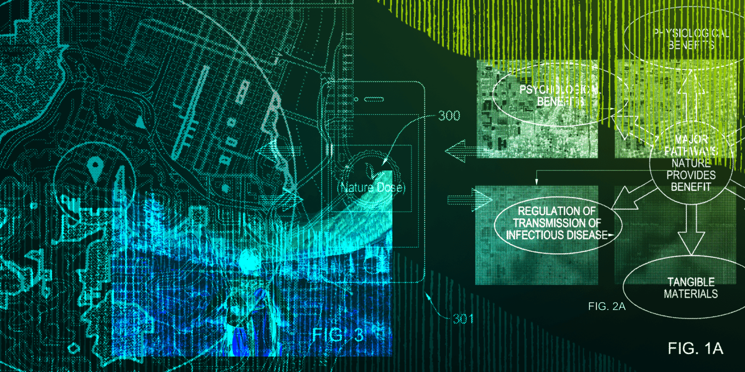 Patent images collaged on green background